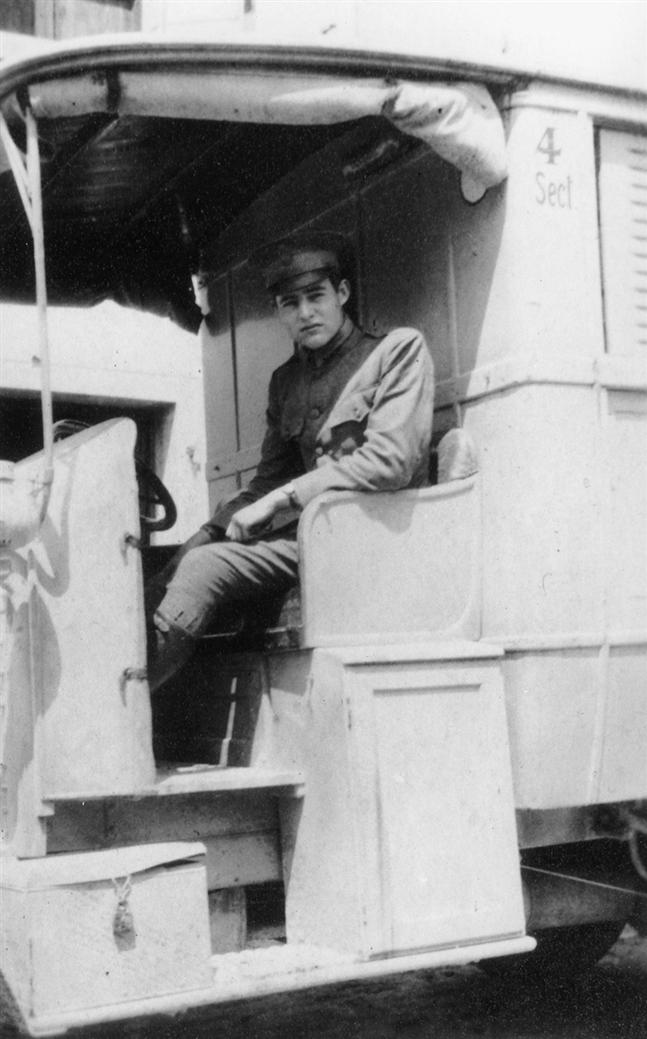 Ernest Hemingway in an ambulance of the Red Cross in Italy, ca. 1910s 